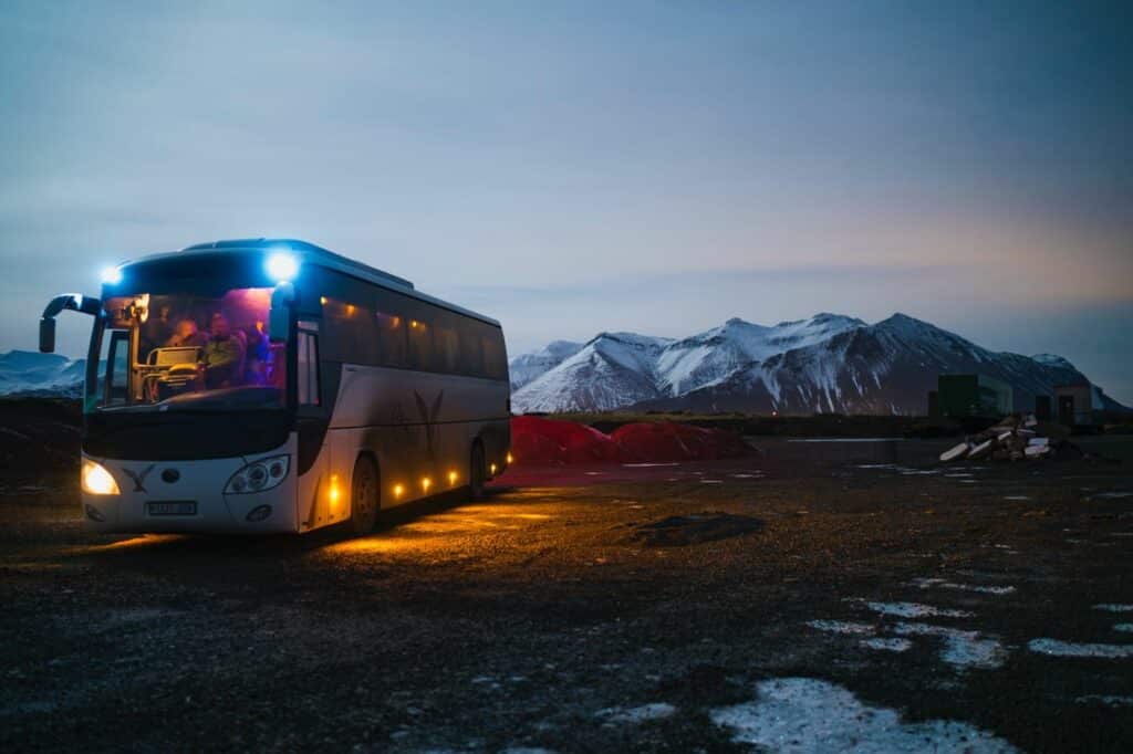 A bus in Iceland being used for Northern lights hunting tours led by locals
