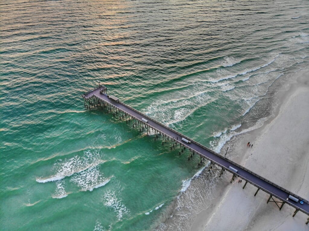 A drone shot of the pier, a popular landmark in Panama City Beach