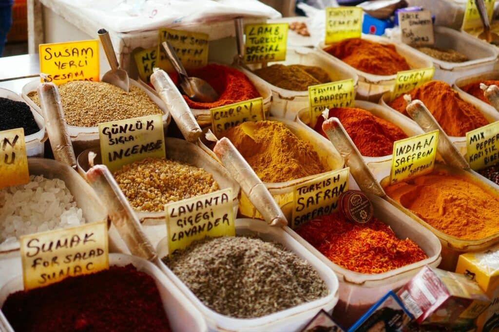 Assorted spices on display at the Egyptian Spice Bazaar in Istanbul, Turkey