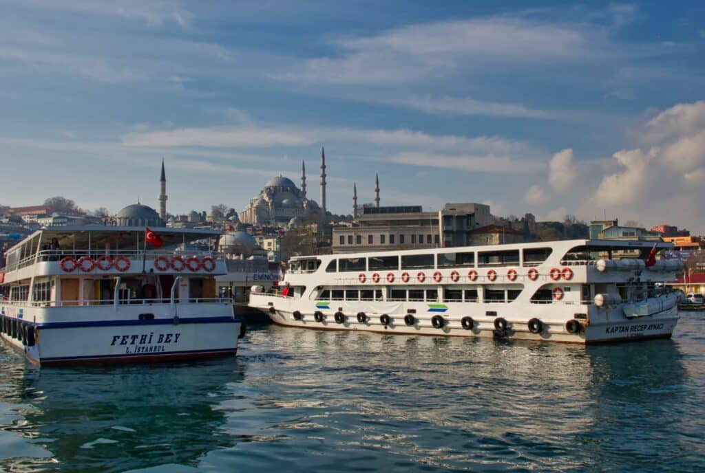 A ferry ride is a more affordable alternative to cruising Istanbul privately and promises much of the same sights, such as the Hagia Sophia pictured in the background.