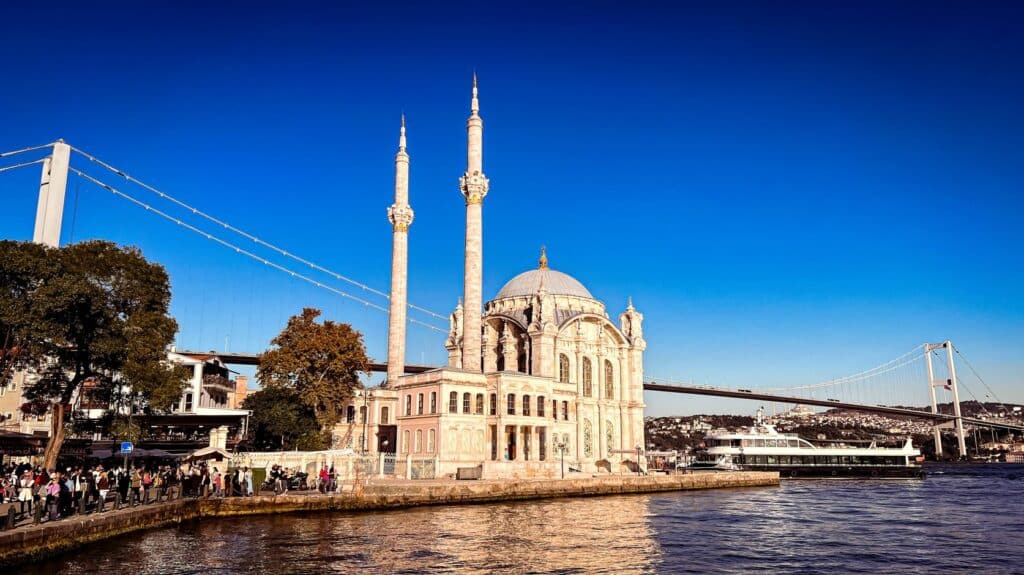 Because of its position on the shore, the Ortakoy Mosque's intricately detailed facade can be appreciated when cruising Istanbul