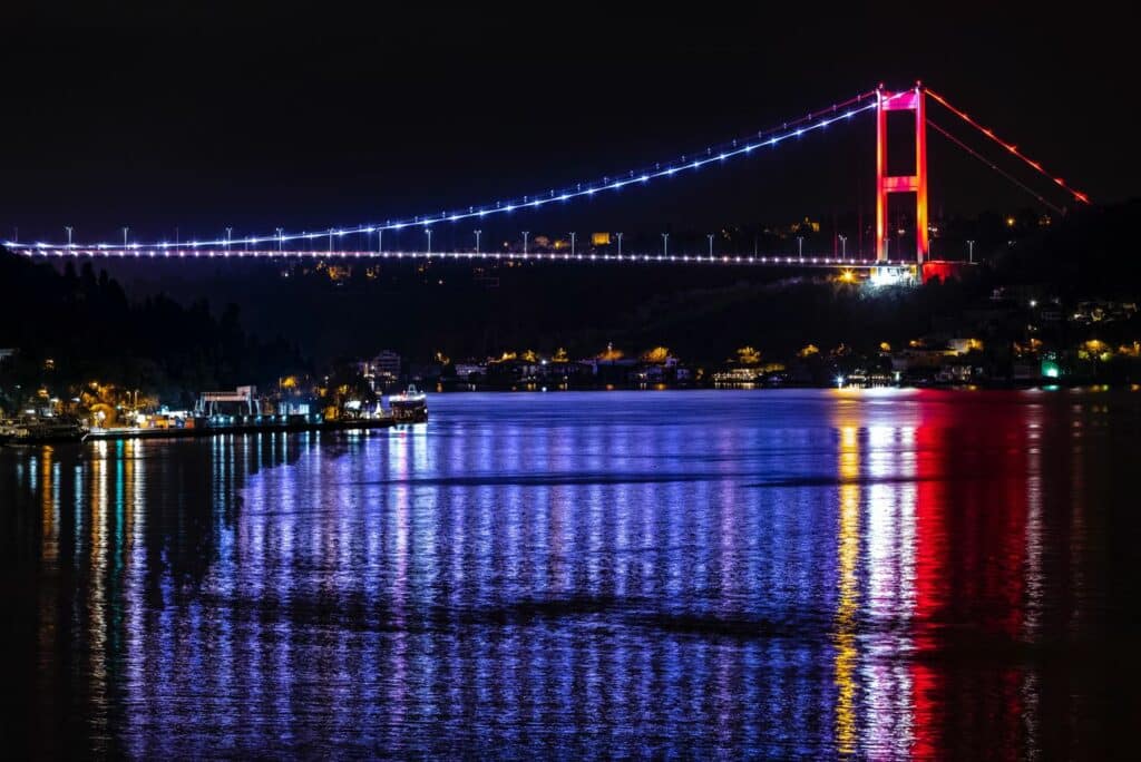 The Bosphorus Bridge at night as seen while cruising Istanbul