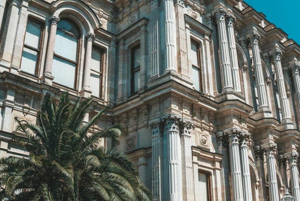 A close up shot of Beylerbeyi Palace's facade. 