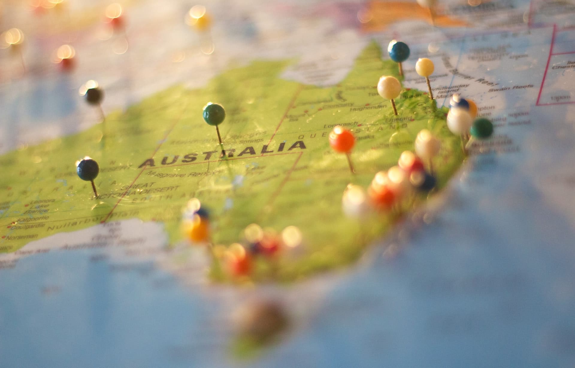 The Australia map with location pins on it