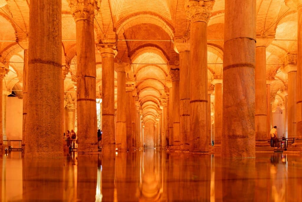 Visitors roam between the massive columns of the Basilica Cistern in Istanbul, Turkey. (Photo Credit: Xihao Liu)