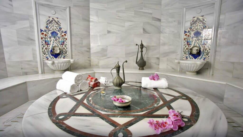 Turkish hammams are uniquely designed but always have the same element, such as the heated center pedestal on which clients lie while being scrubbed or massaged by attendants