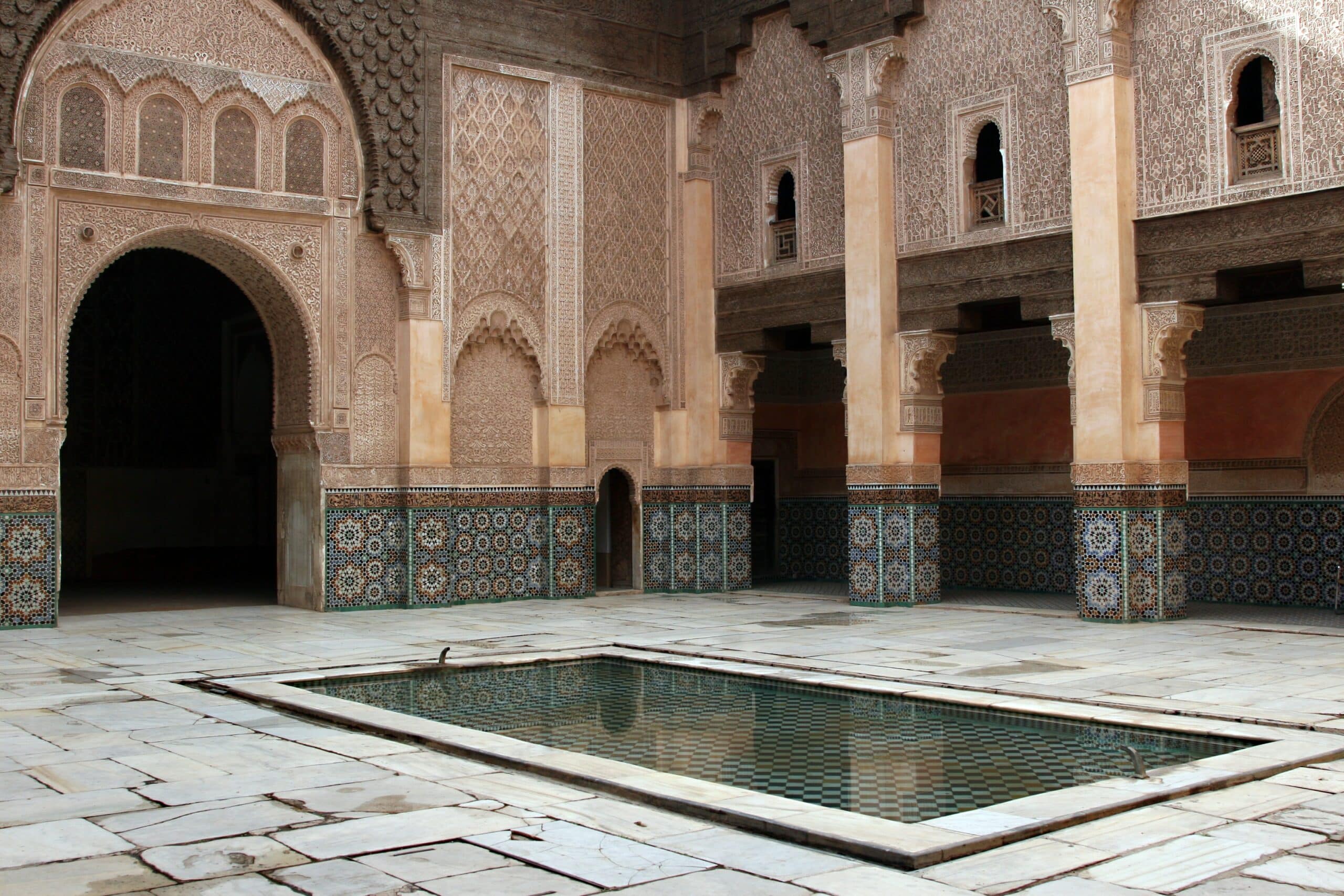 the courtyard of Ben Youssef Madrasa, a famous landmark in Marrakech, Morocco