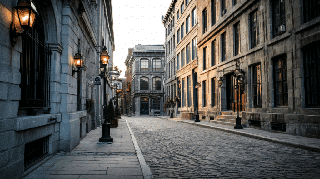 Minimalist sunrise view of a quiet cobblestone street in Old Montreal with soft warm lighting, vintage lamp posts, and pale stone architecture.