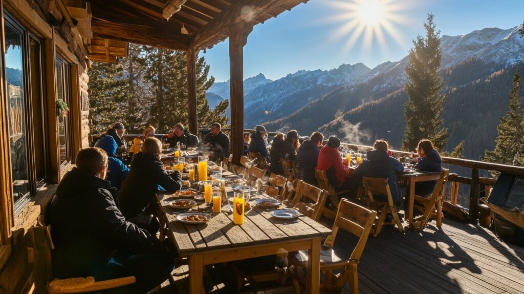 Mountain lodge breakfast gathering with scenic backdrop, high-detail photorealism of family rentals for wedding groups.