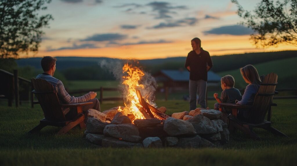 Cozy cabin evening with guests around a bonfire in a natural daylight setting, ideal for family rentals for wedding groups.