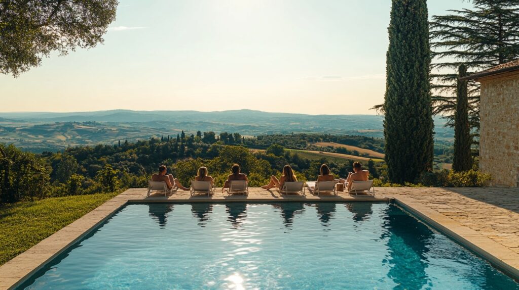 Tuscan villa pool scene with relaxed guests, captured in daylight for wedding group accommodations.