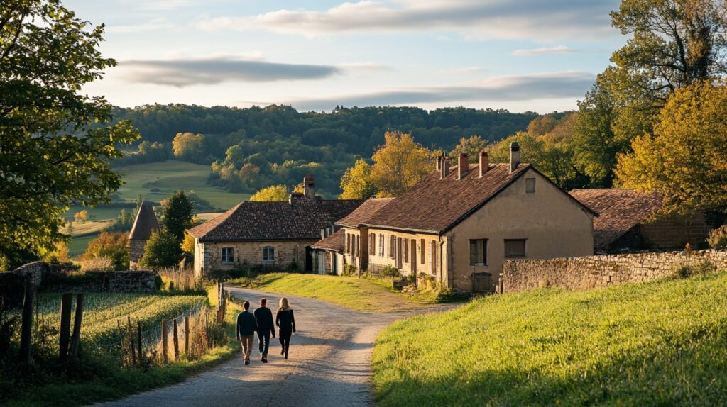 Guests approaching a French countryside farmhouse, a daytime moment of wedding group accommodations.