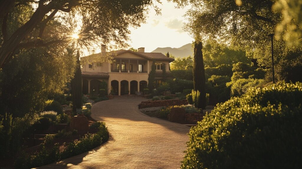 Sedona estate arrival captured at golden hour, featuring coordinated wedding group bookings.