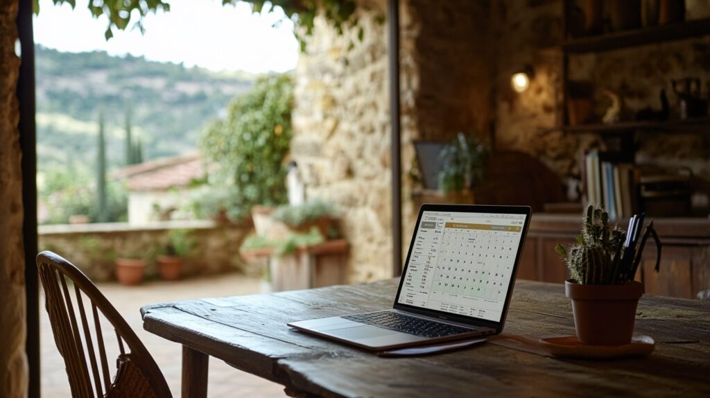 Rustic indoor workspace with laptop and itinerary, daytime photorealism for managing wedding group bookings.
