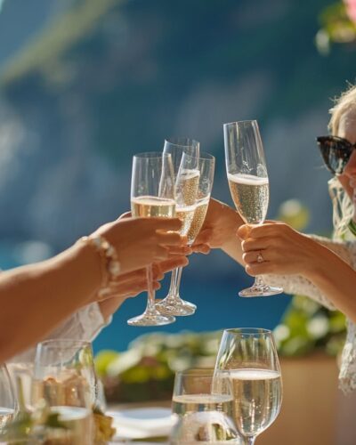 Daytime champagne toast on a villa terrace, captured in high-detail photorealism at a wedding party vacation rental.