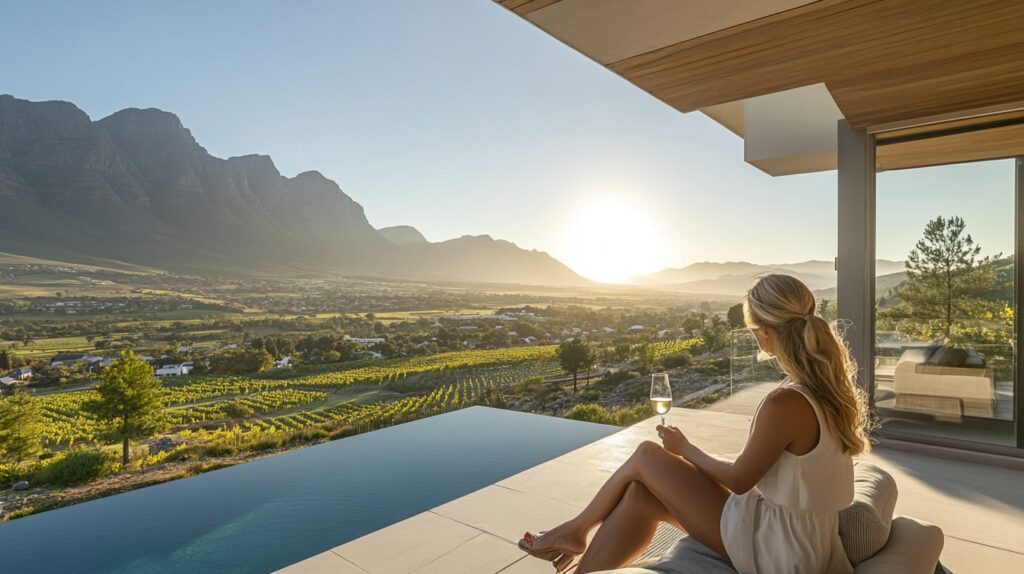 Romantic terrace scene at Franschhoek Luxury Rentals overlooking valley