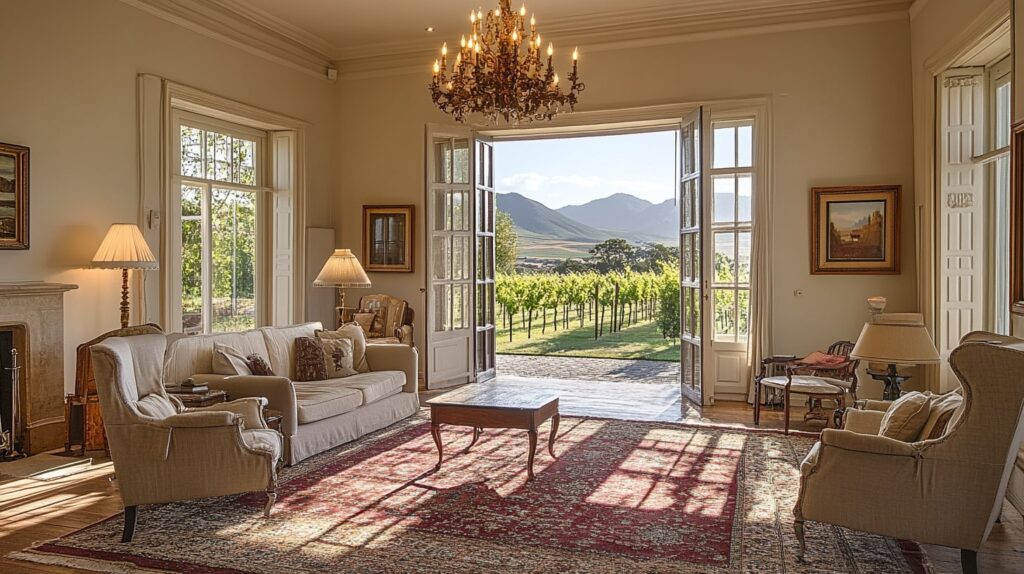 Elegant interior of Franschhoek Luxury Rental with vineyard-facing doors