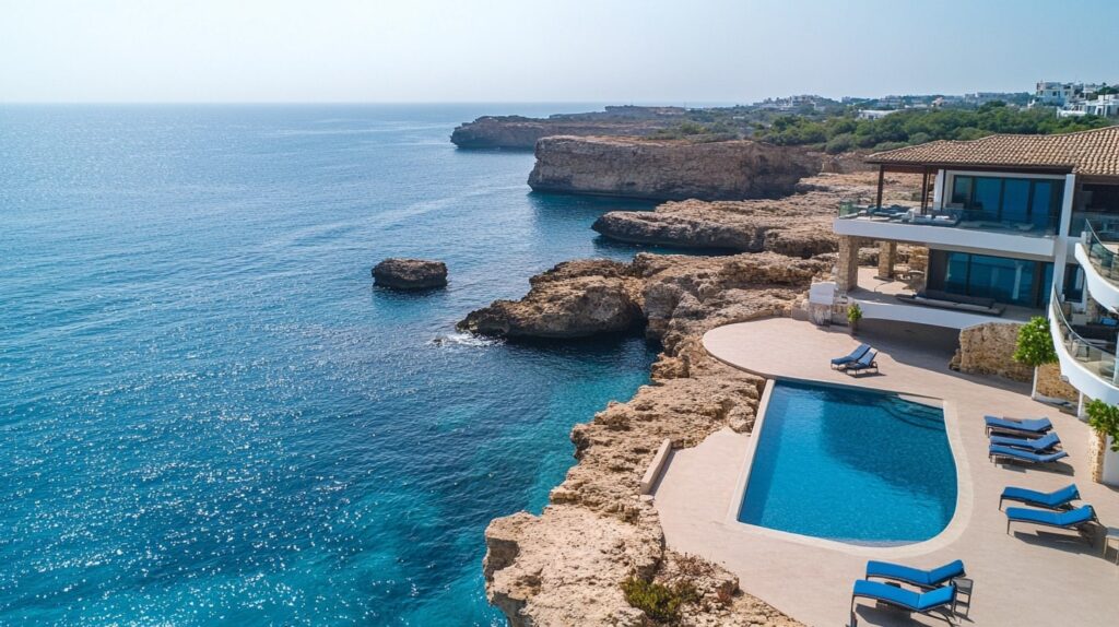 Cliffside lounge area of Protaras Villas with ocean backdrop