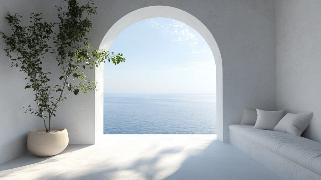 Minimalist interior of Tourlos Greece Rental with sea view