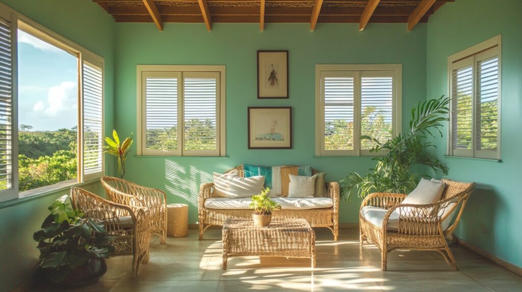 Interior of Vieques Vacation Home with rattan decor and island breeze